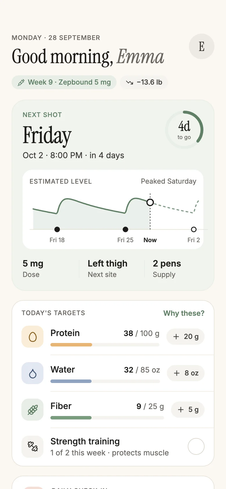 GLP Calendar Today screen: next shot on Friday in 4 days, an estimated medication level curve, and protein, water and fiber targets.