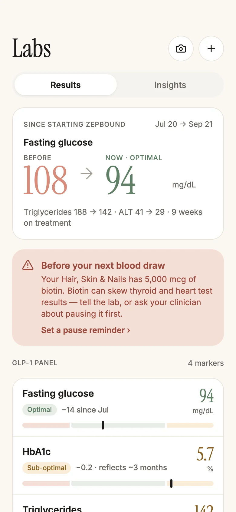 Labs screen: fasting glucose from 108 to 94 mg/dL since starting treatment, and a warning about biotin before the next blood draw.